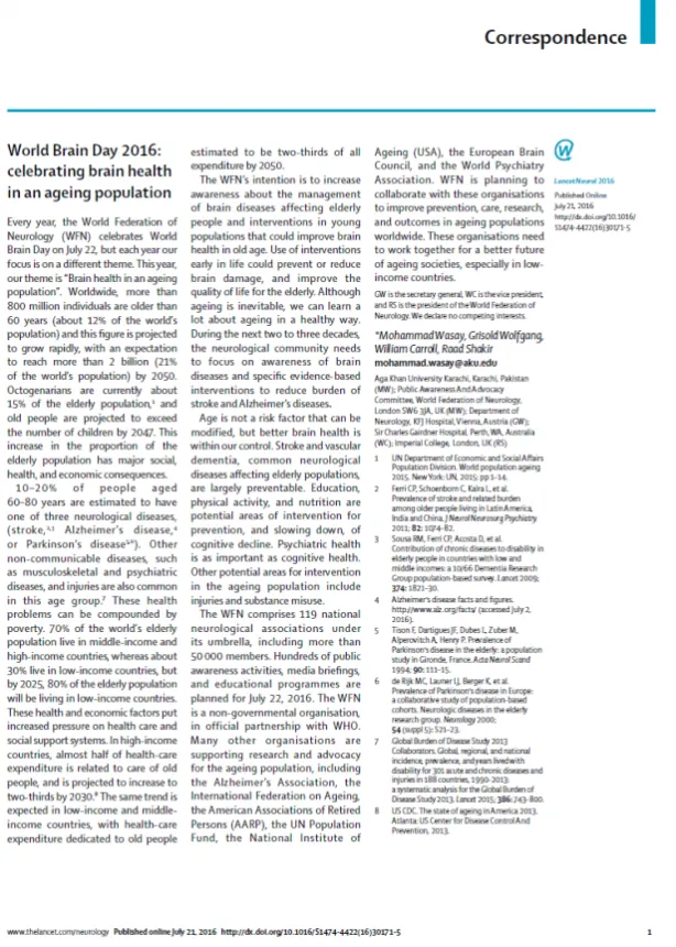 The Lancent Neurology World Brain Day 2016 article