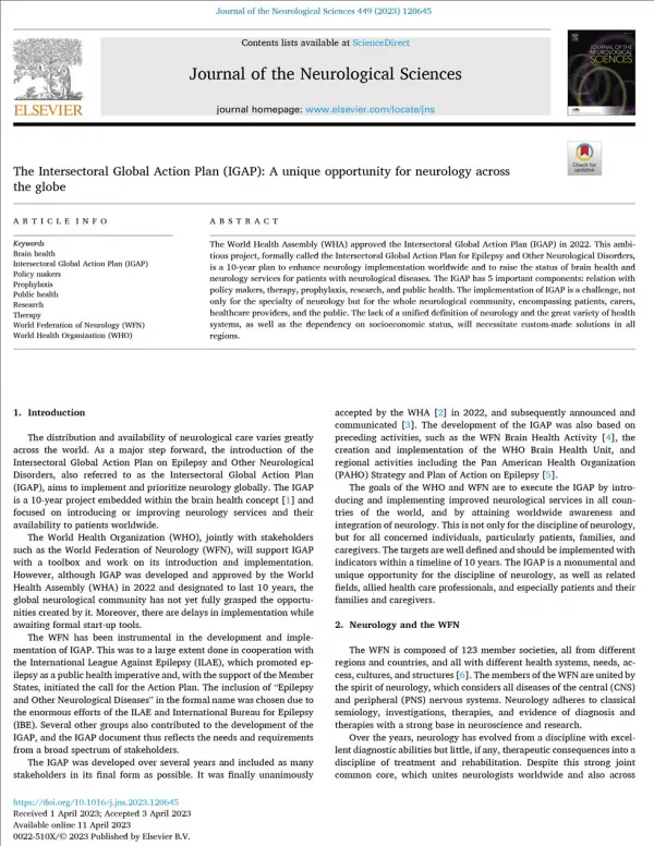 The Intersectoral Global Action Plan IGAP A unique opportunity for neurology across the globe [20 July 2023]